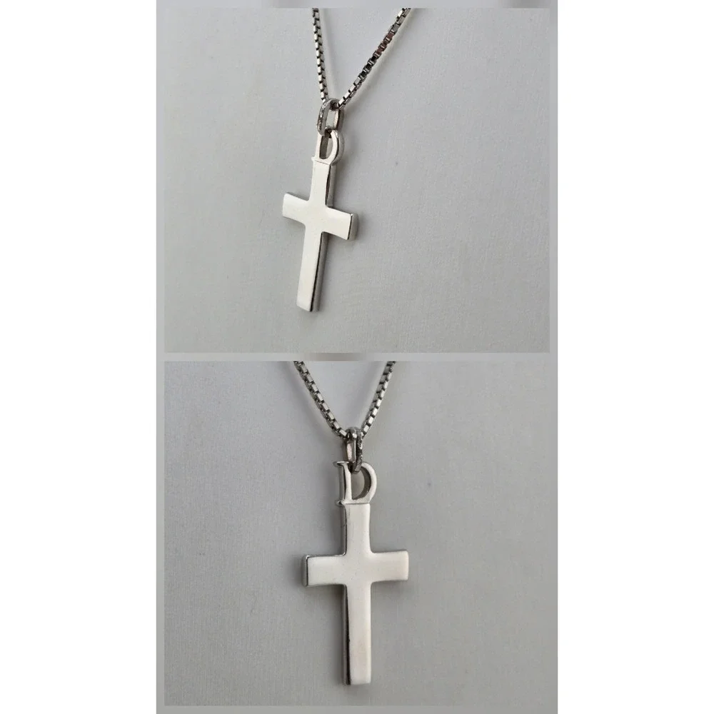 Christian Dior Cross Pendant Necklace Silver Tone D Logo Box Chain CD Charm